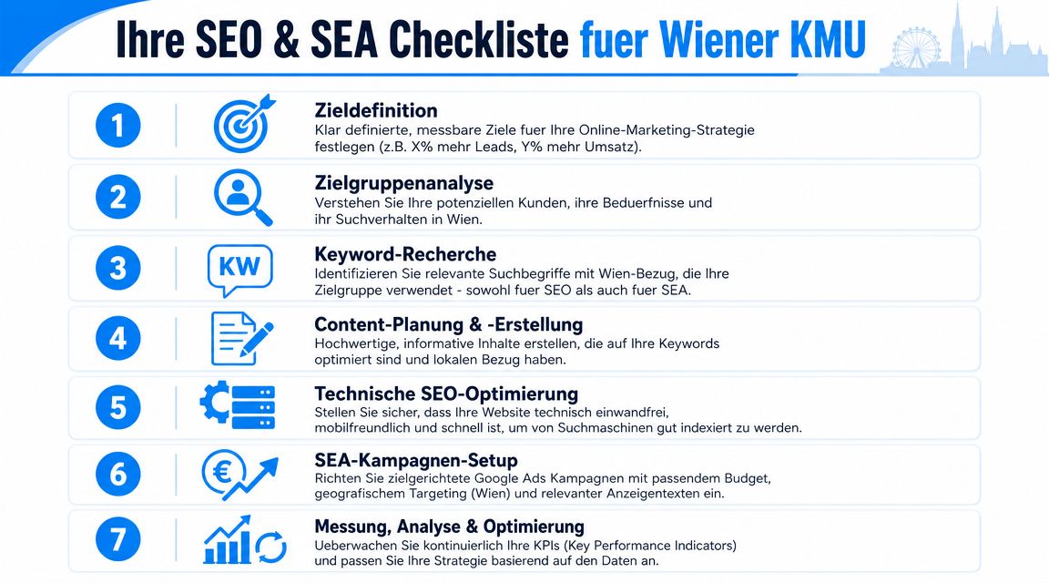 Eine siebenstufige Checkliste für SEO und SEA Strategien, die speziell auf kleine Unternehmen in Wien zugeschnitten ist.