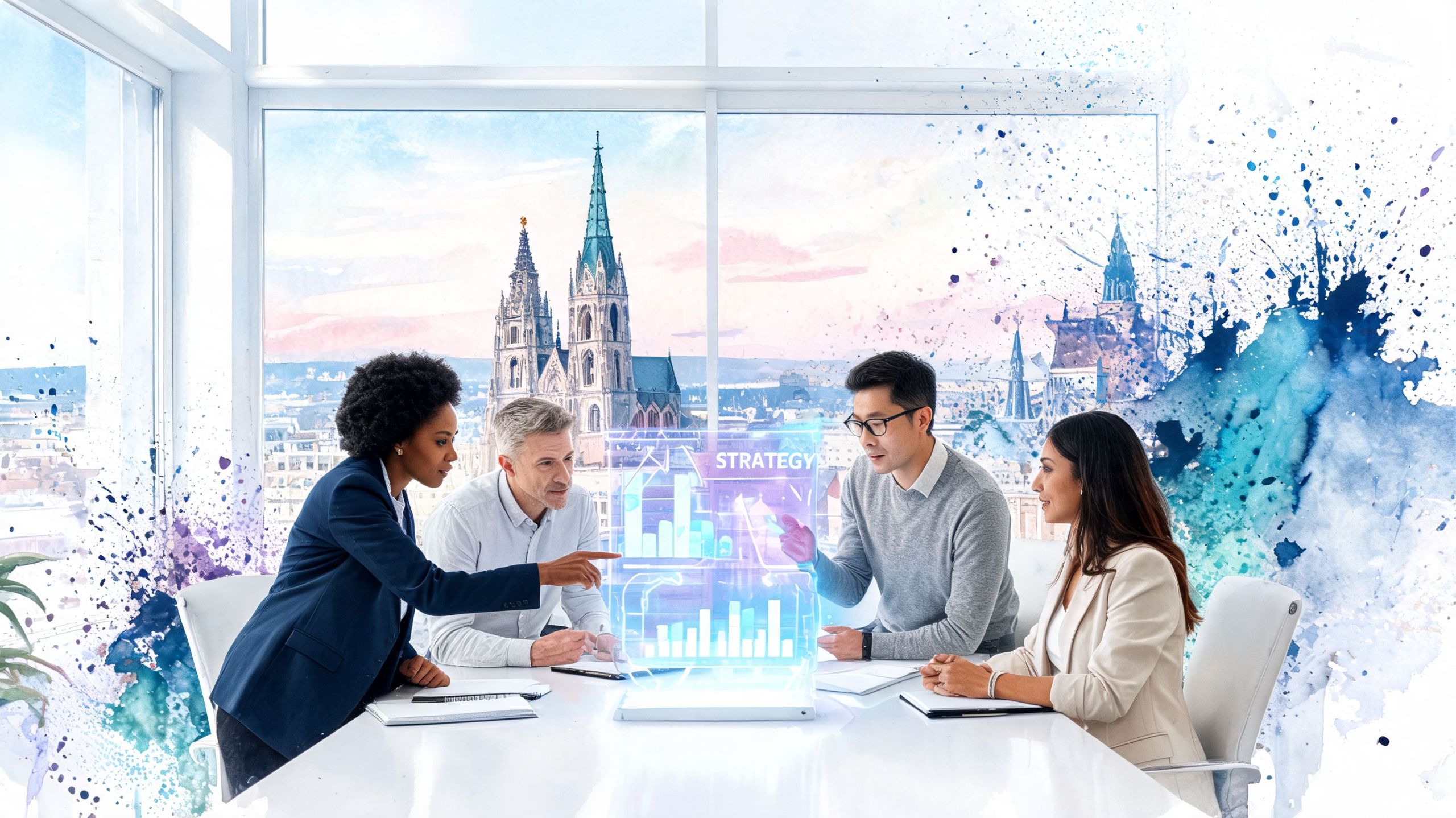 Ein diverses Team bespricht bei einem Meeting vor einer Wiener Stadtkulisse eine digitale Strategie an einem Konferenztisch.