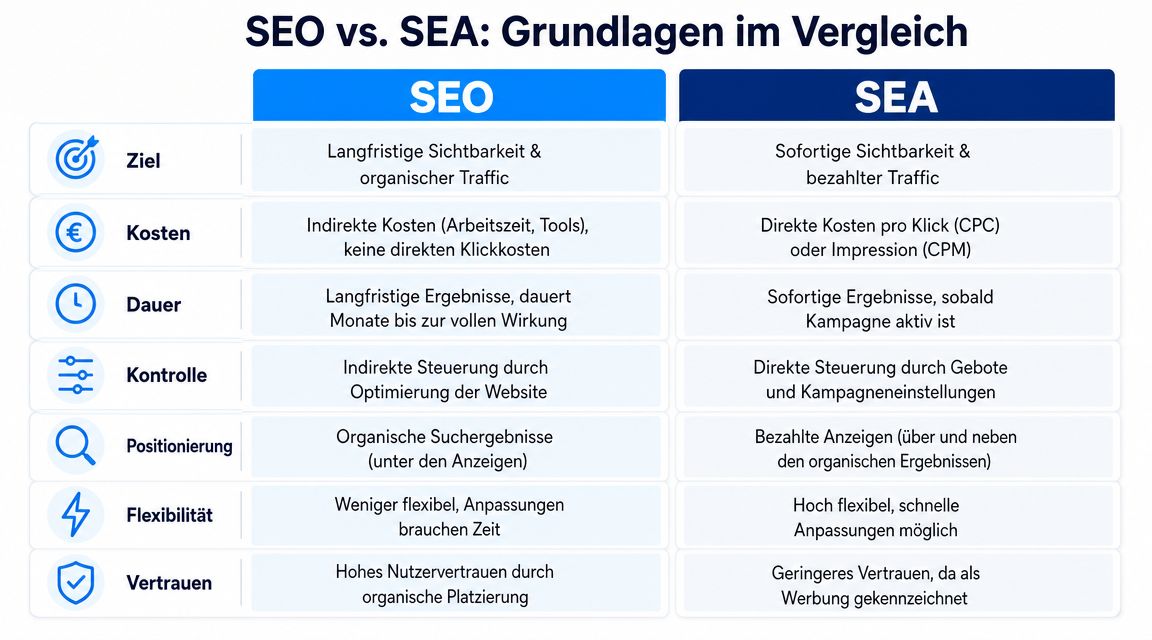 Vergleichstabelle zwischen SEO und SEA mit Kategorien wie Ziel, Kosten, Dauer, Kontrolle, Positionierung, Flexibilität und Vertrauen.