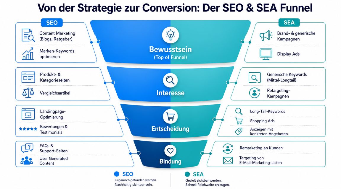 Ein Trichter-Diagramm zeigt die Strategie zur SEO- und SEA-Optimierung über alle Phasen der Customer Journey hinweg.