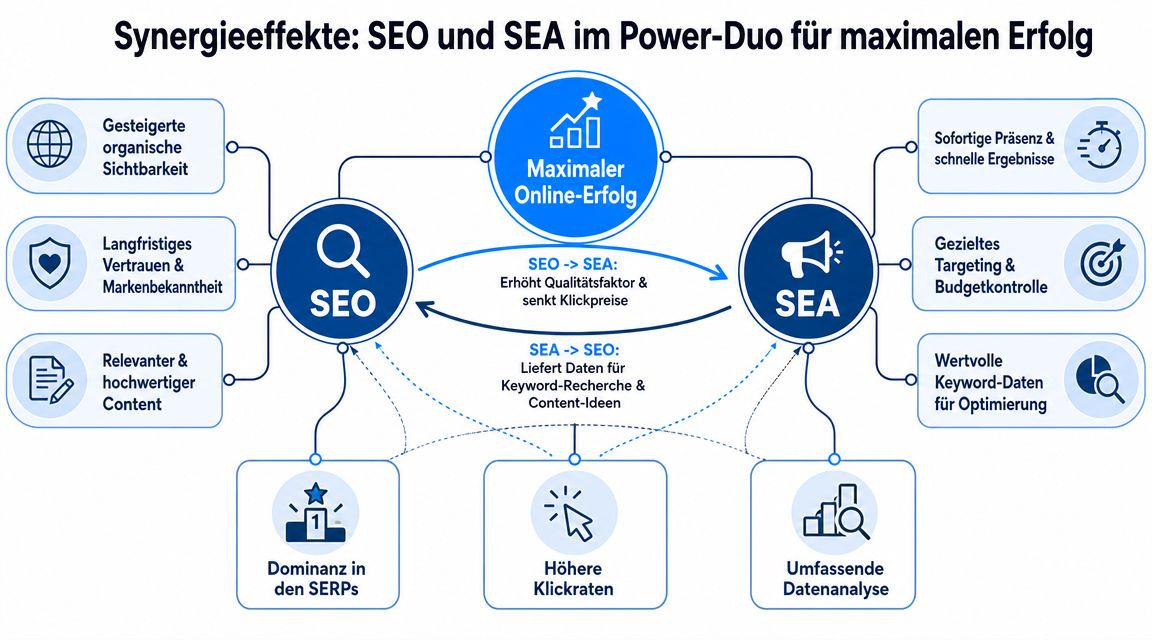 Eine Infografik zeigt die Synergieeffekte von SEO und SEA für den maximalen Online-Erfolg von Unternehmen.