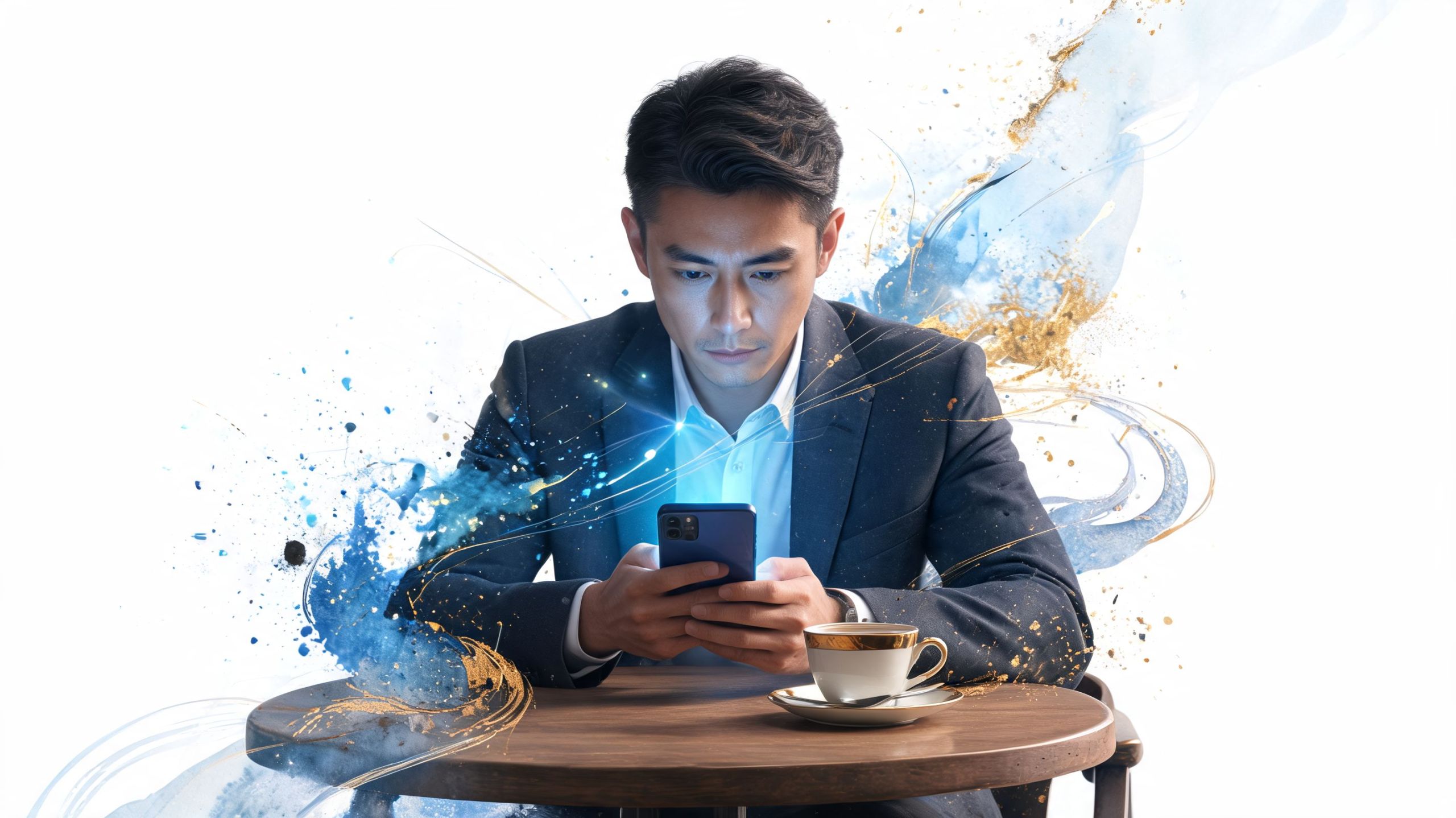 Ein fokussierter Geschäftsmann nutzt sein Smartphone an einem runden Holztisch mit einer Kaffeetasse und abstrakten Grafiken.