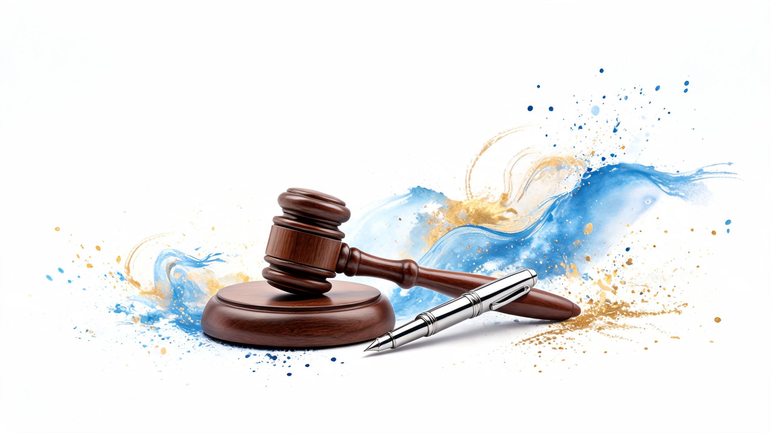 Ein brauner Holzhammer und ein silberner Füllfederhalter vor einem abstrakten Hintergrund mit blauen und goldenen Farbspritzern.