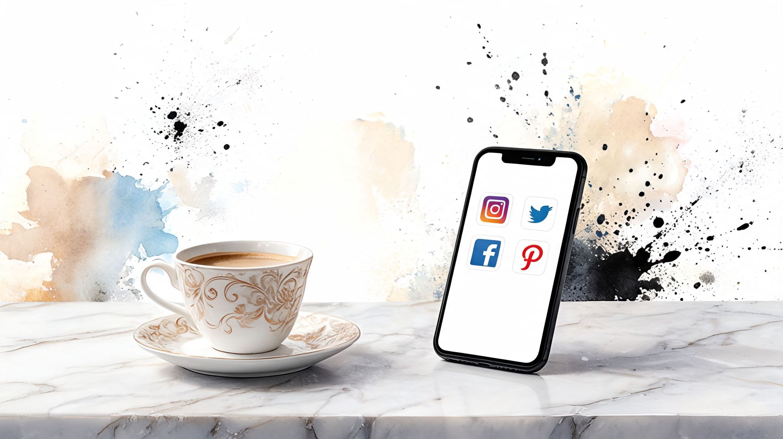 Ein Smartphone mit Social-Media-Apps steht neben einer Kaffeetasse auf einem eleganten Marmortisch mit einem künstlerischen Hintergrund.