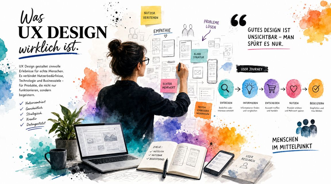 Eine Designerin arbeitet an einem UX-Design-Projekt mit Notizen, Skizzen und Prozessschritten für benutzerzentrierte digitale Produkterlebnisse.