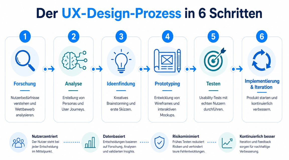 Eine Infografik, die den sechsstufigen UX-Design-Prozess von der Forschung bis zur Implementierung und Iteration anschaulich darstellt.