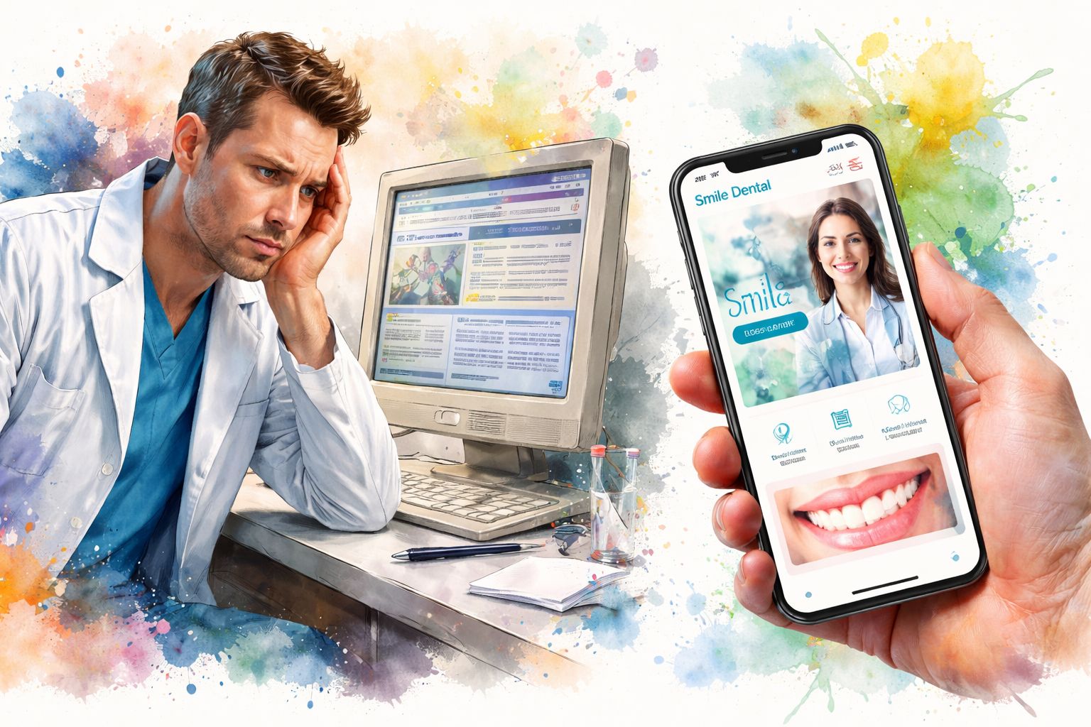 Ein gestresster Zahnarzt betrachtet seinen Computerbildschirm, während eine Hand ein Smartphone mit einer modernen Zahnarzt-App präsentiert.