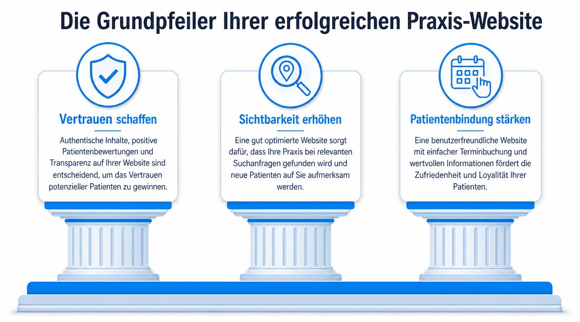Eine Infografik, die die drei Grundpfeiler für eine erfolgreiche Website einer Arztpraxis zur Patientengewinnung visualisiert.