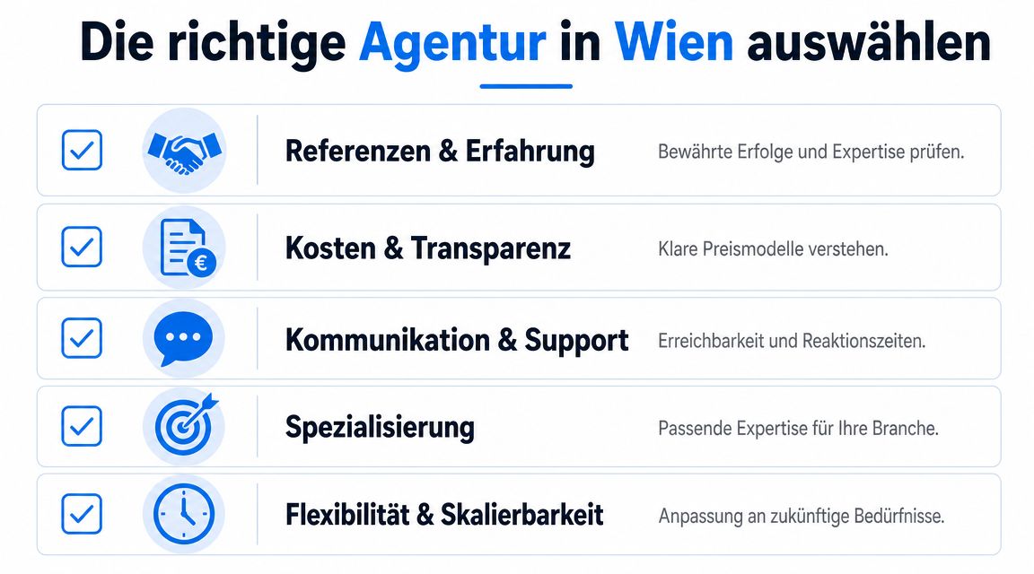 Eine Checkliste mit fünf Kriterien zur Auswahl der passenden Werbeagentur in Wien für Ihr Unternehmen.
