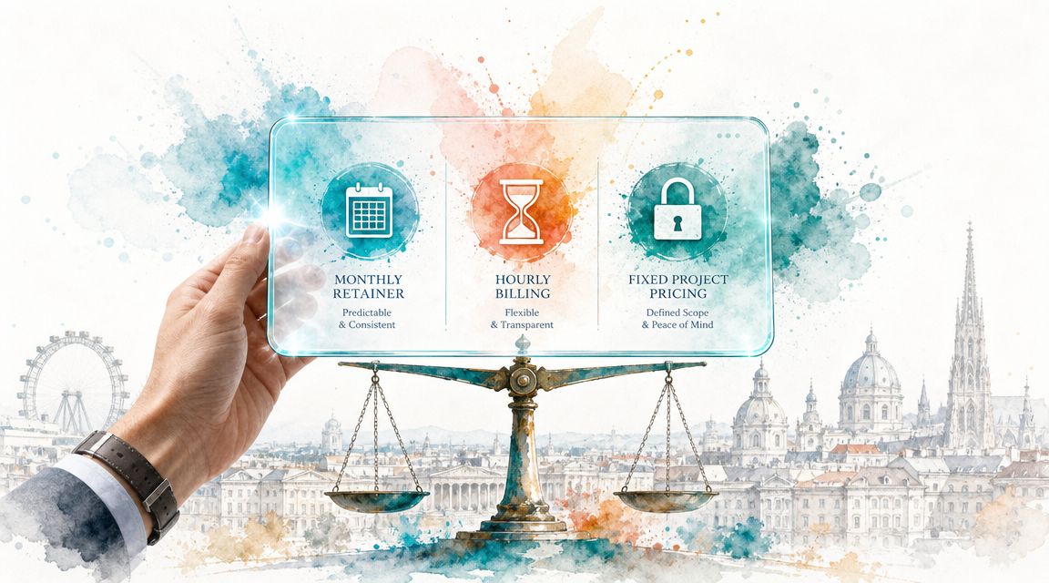 Eine Hand hält eine transparente Tafel über einer Waage mit verschiedenen Abrechnungsmodellen für digitale Dienstleistungen.