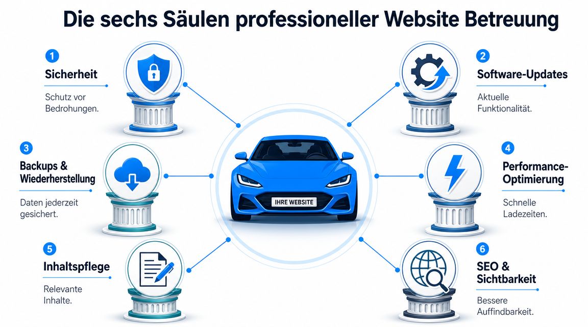 Eine Infografik mit sechs Säulen, die professionelle Website-Betreuung als essentielles Servicekonzept zur Wartung von Internetseiten veranschaulicht.