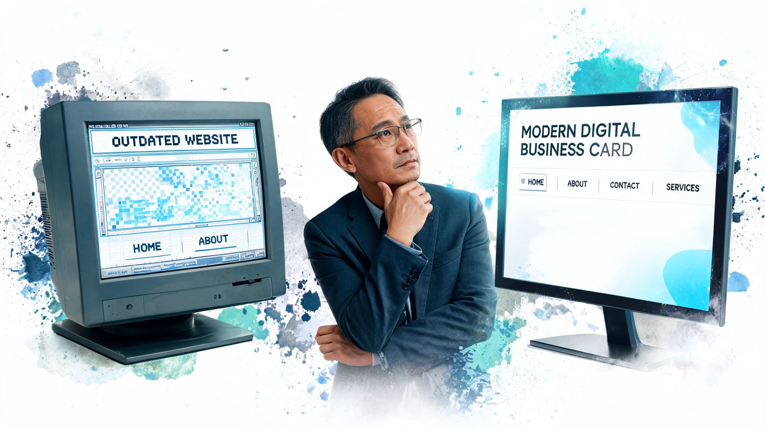 Ein Geschäftsmann vergleicht eine veraltete Website auf einem alten Monitor mit einem modernen digitalen Visitenkarten-Design.