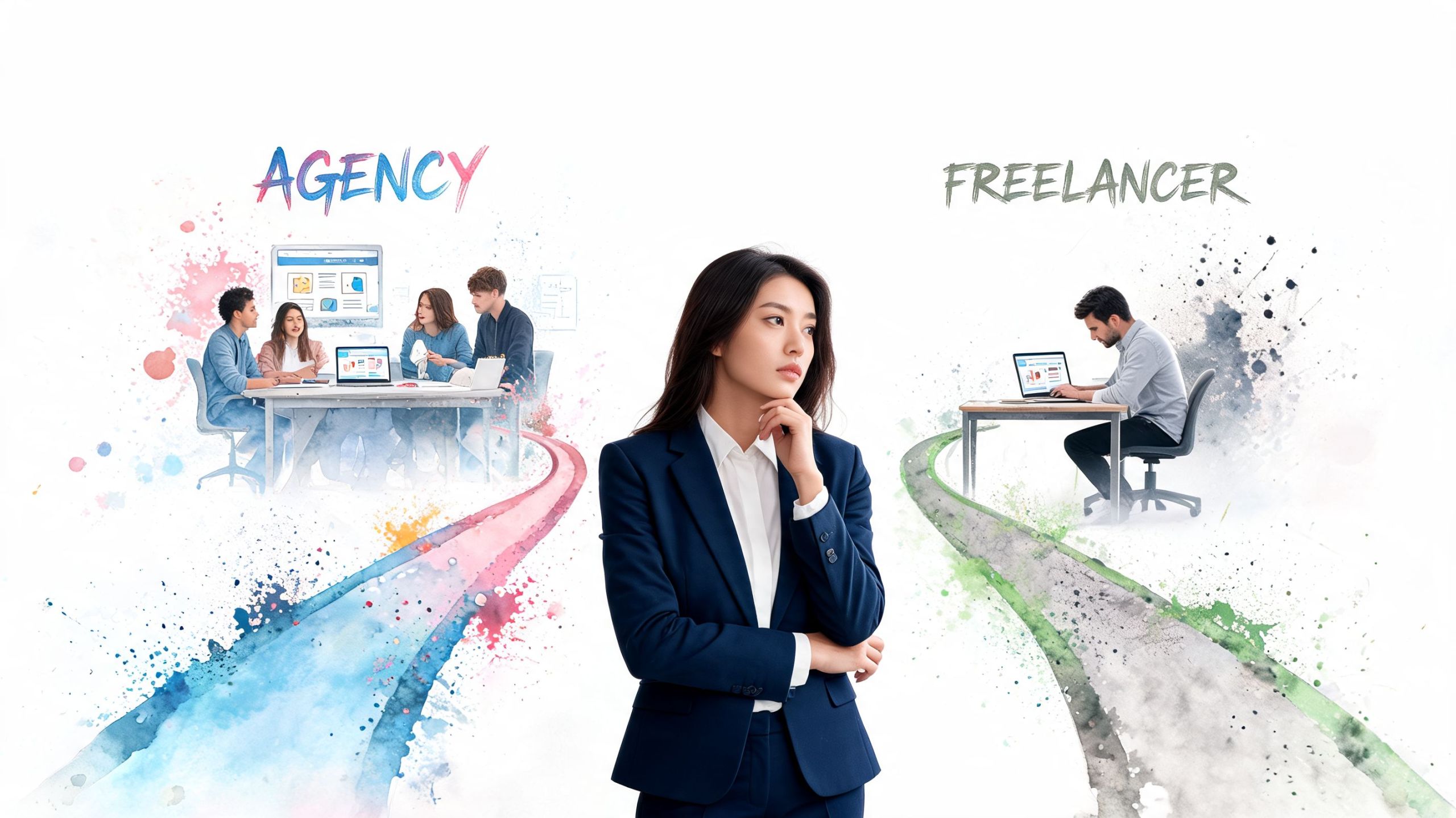 Eine Geschäftsfrau überlegt zwischen der Zusammenarbeit mit einer Werbeagentur oder einem einzelnen Freelancer für Webprojekte.
