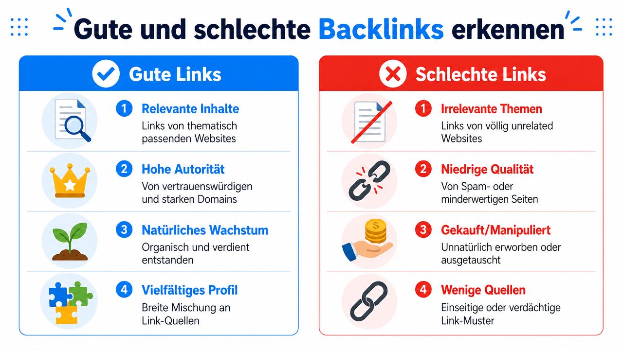 Eine Infografik, die den Unterschied zwischen guten und schlechten Backlinks für die Suchmaschinenoptimierung kurz und verständlich darstellt.