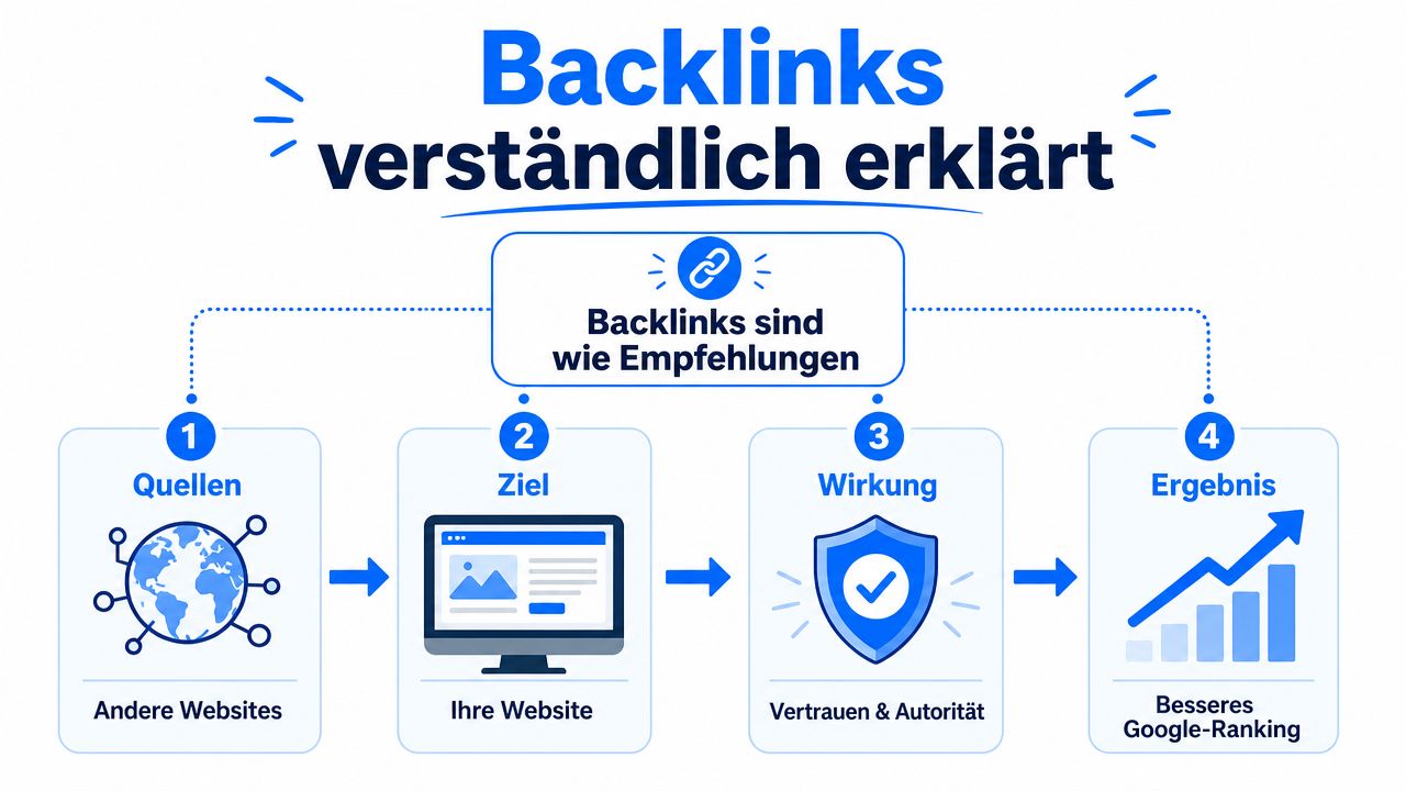 Eine Infografik erklärt, dass Backlinks wie Empfehlungen wirken, die Vertrauen, Autorität und ein besseres Google-Ranking schaffen.
