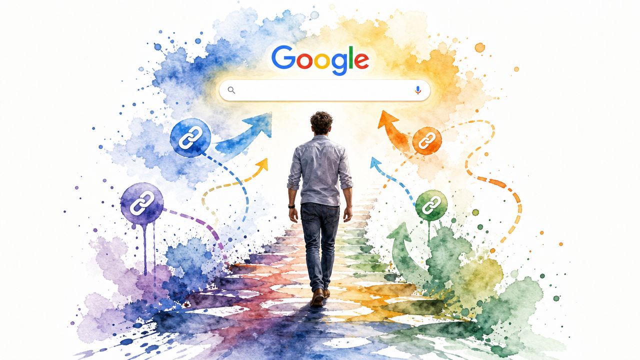 Ein Mann geht auf einem bunten Weg in Richtung einer Google-Suchleiste, umgeben von verschiedenen Backlink-Symbolen und Pfeilen.