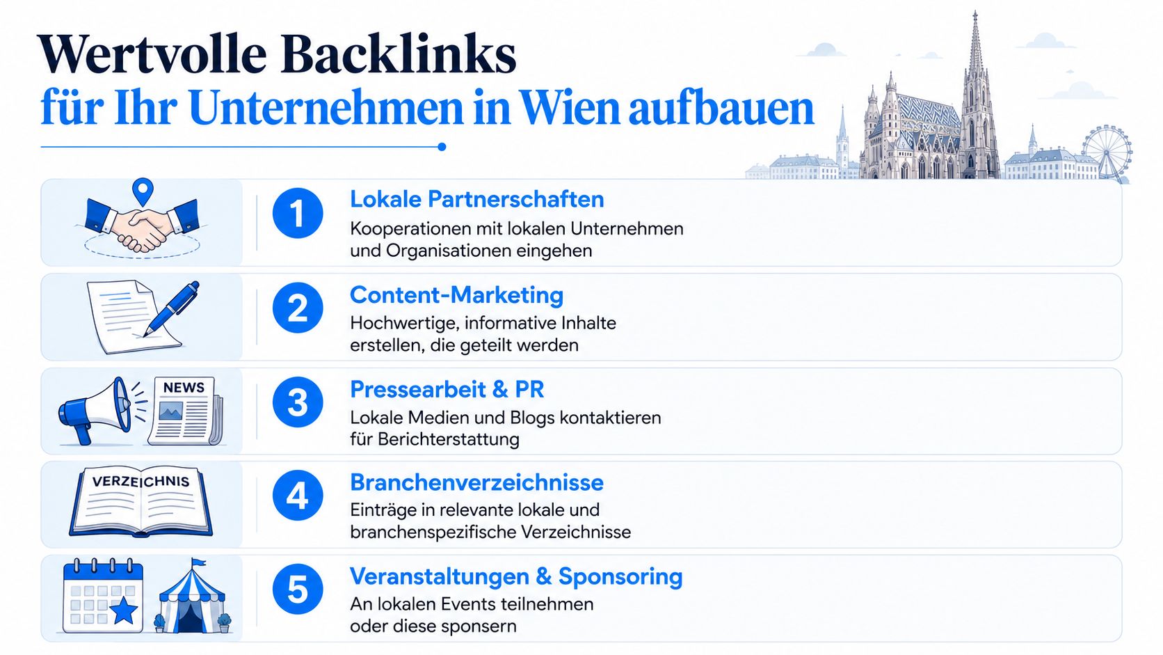 Eine Infografik mit fünf Schritten zum Aufbau wertvoller lokaler Backlinks für Unternehmen in Wien.