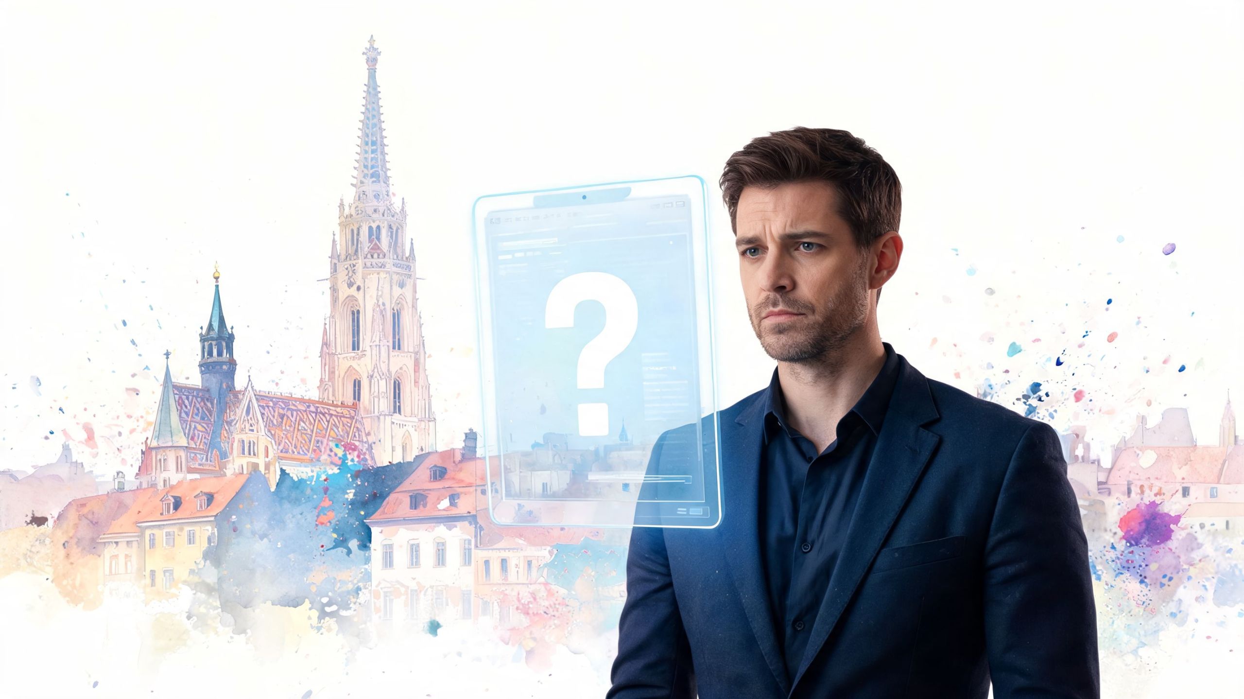 Ein Geschäftsmann schaut nachdenklich auf ein schwebendes digitales Display mit einem großen Fragezeichen vor einer Stadtkulisse.