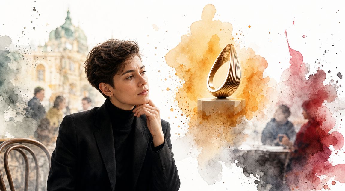 Eine nachdenkliche Frau in einem schwarzen Blazer betrachtet ein goldenes, abstraktes 3D-Logo in einer künstlerischen Aquarellumgebung.