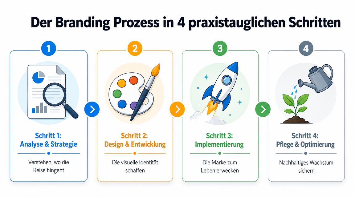 Eine Infografik mit vier Schritten, die den Branding-Prozess von der Analyse bis zur Optimierung visuell darstellt.