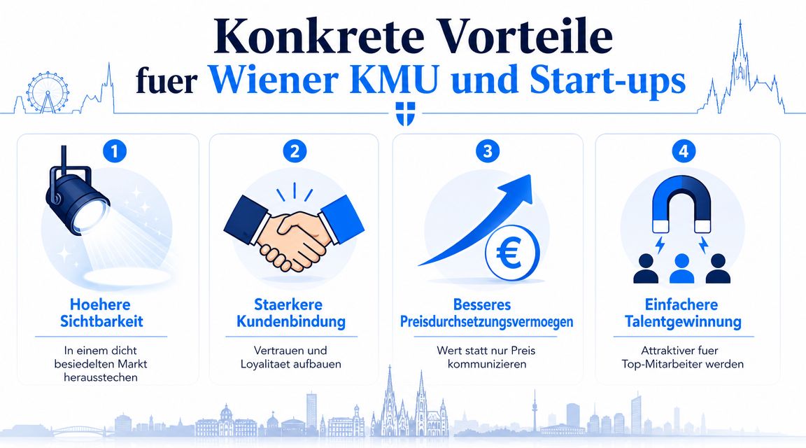 Eine Infografik zeigt vier konkrete Vorteile von effektivem Branding für Wiener Kleinunternehmen und Start-ups.