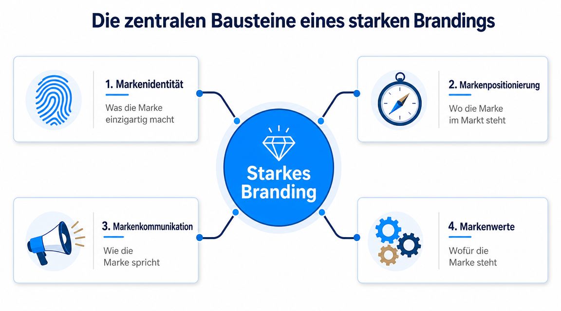 Eine Grafik zeigt die vier zentralen Bausteine für ein starkes Branding: Markenidentität, Markenpositionierung, Markenkommunikation und Markenwerte.