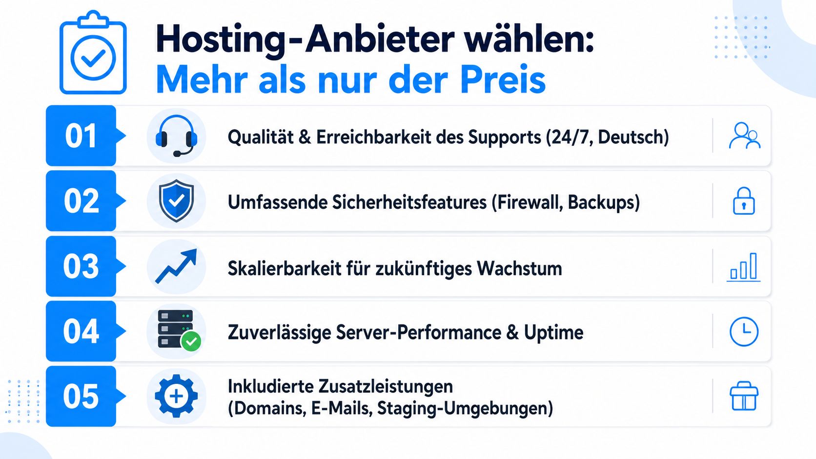Eine Infografik zur Wahl des Hosting-Anbieters mit fünf wichtigen Kriterien wie Support, Sicherheit, Skalierbarkeit, Performance und Zusatzleistungen.