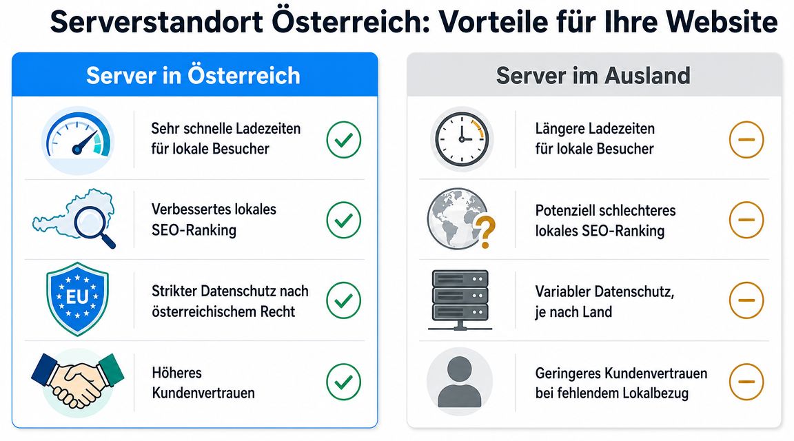 Vergleichsgrafik zwischen den Vorteilen eines Webservers in Österreich und den Nachteilen von Servern im Ausland.