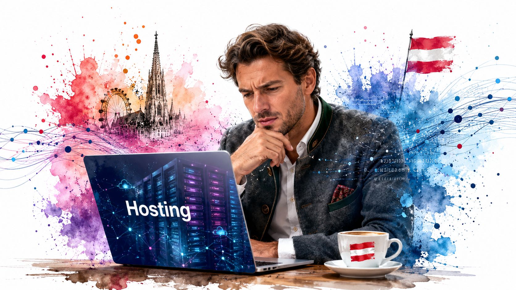 Ein nachdenklicher Mann in traditioneller österreichischer Kleidung sitzt vor einem Laptop mit Hosting-Thema und Kaffeetasse.