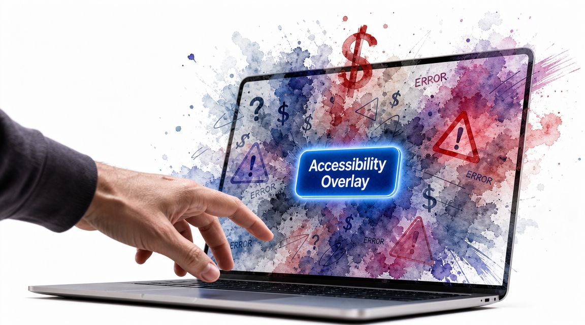 Eine Hand berührt einen Laptop-Bildschirm, auf dem eine Barrierefreiheits-Überlagerung und Fehlermeldungen in einer künstlerischen Aquarell-Grafik angezeigt werden.