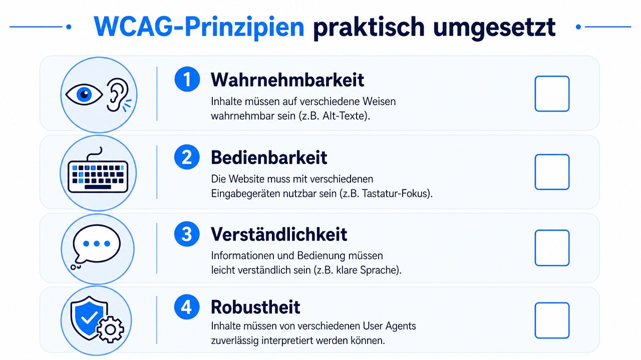 Eine Infografik mit den vier WCAG-Prinzipien für barrierefreie Webseiten: Wahrnehmbarkeit, Bedienbarkeit, Verständlichkeit und Robustheit mit kurzen Erklärungen.