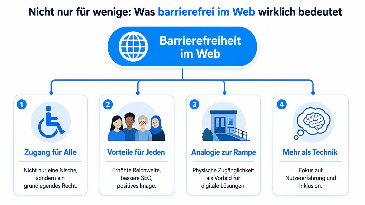 Infografik zum Thema Barrierefreiheit im Web mit vier zentralen Punkten zur Bedeutung digitaler Inklusion für alle Nutzer.