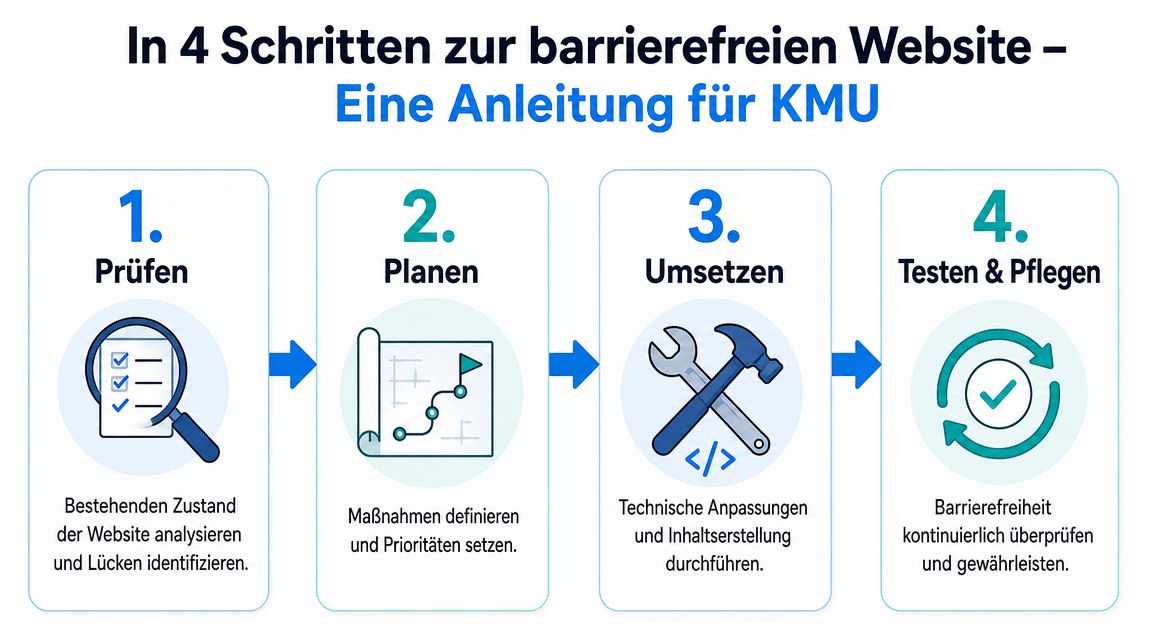 Eine Infografik mit vier Schritten für KMU zur Erstellung einer barrierefreien Website, inklusive Analyse, Planung, Umsetzung und Prüfung.