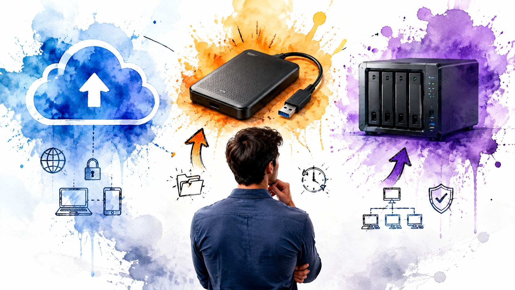Ein Mann betrachtet verschiedene Optionen für Datensicherung und Speicherlösungen, wie Cloud, externe Festplatten und NAS-Systeme.