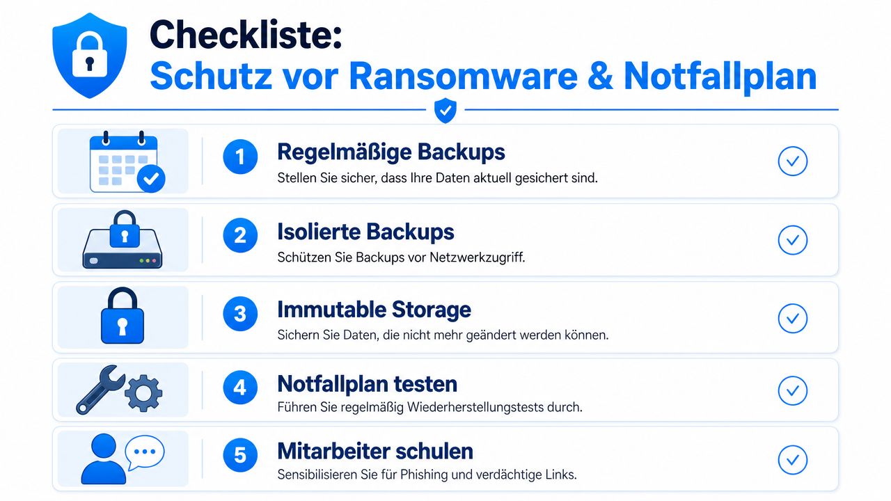 Eine Checkliste in deutscher Sprache zum Schutz vor Ransomware mit fünf wichtigen Schritten zur Datensicherung und Mitarbeiterschulung.