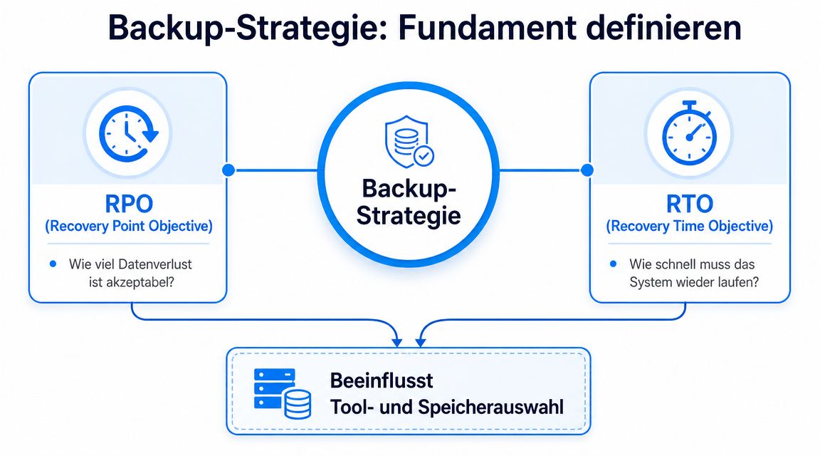 Grafik zur Backup-Strategie mit RPO für Datenverlust und RTO für Wiederherstellungszeit bei der Wahl von Backup-Tools.