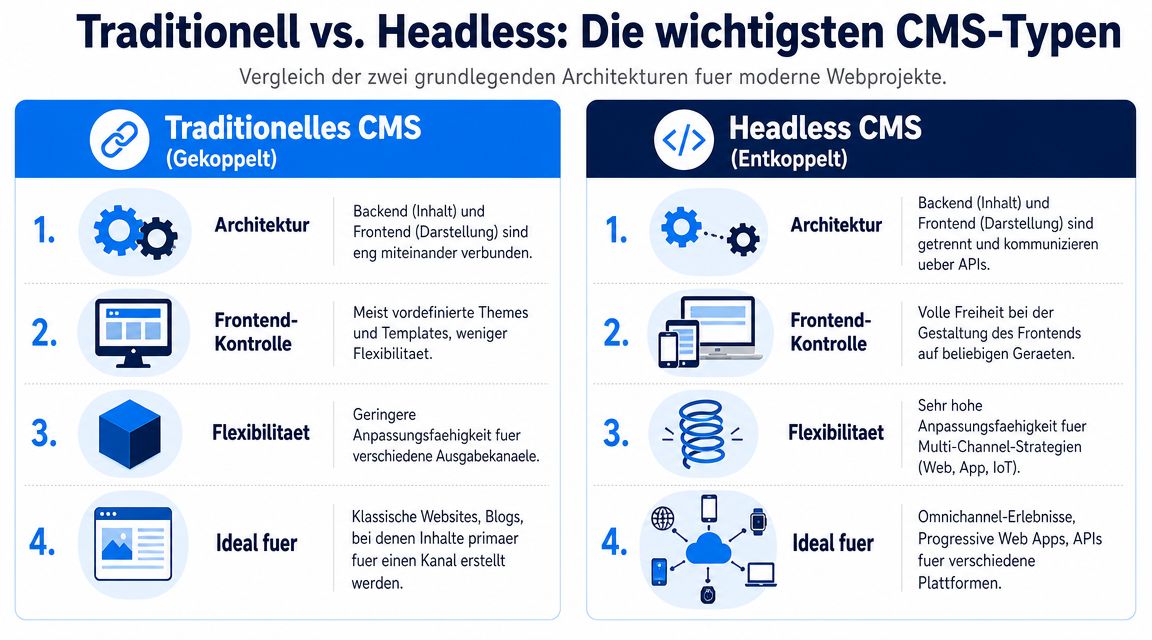 Ein informativer Vergleich zwischen traditionellem und Headless Content Management Systemen anhand ihrer Architektur, Flexibilität und Anwendungsbereiche.