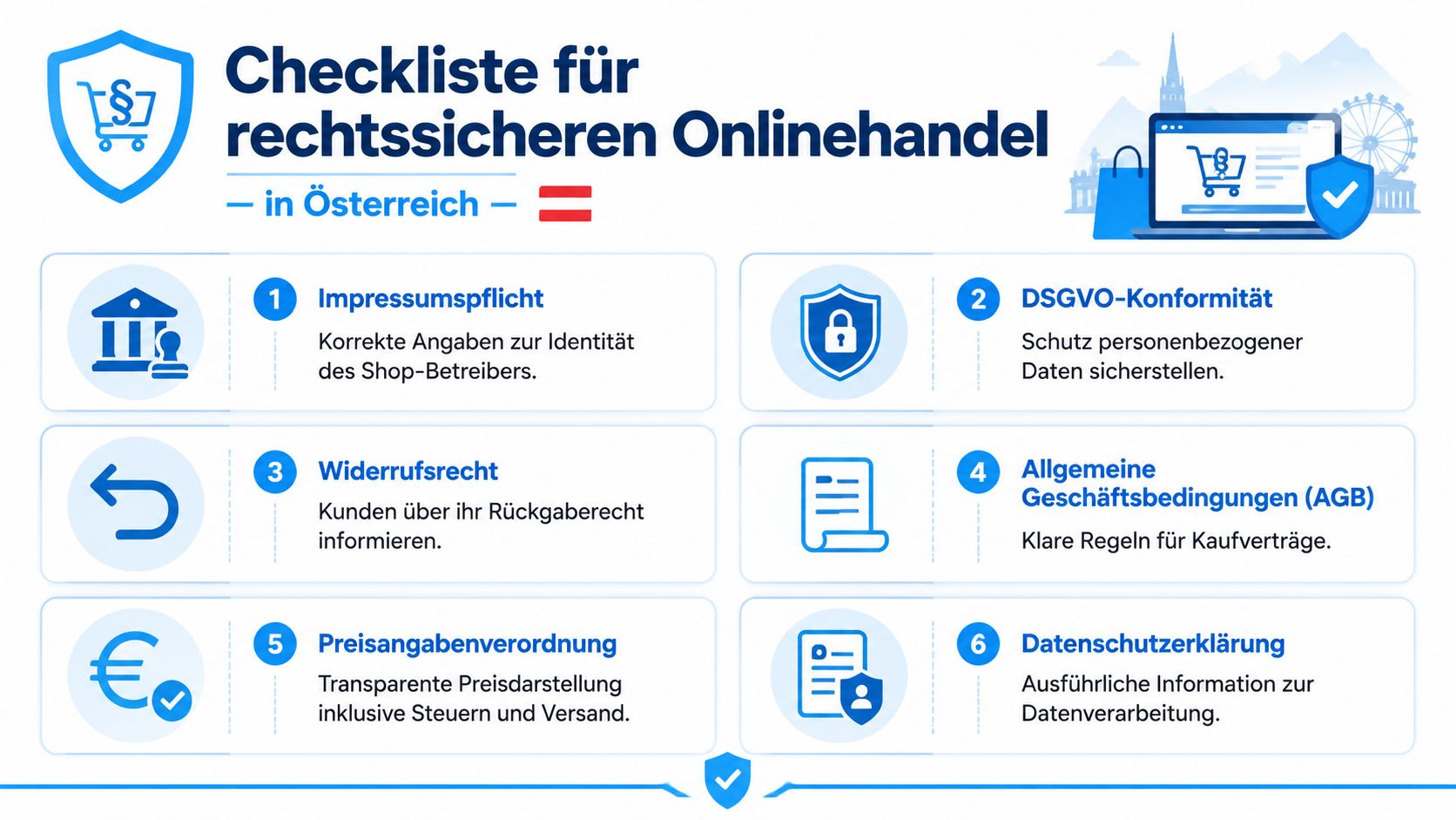 Eine Checkliste für rechtssicheren Onlinehandel in Österreich mit sechs wichtigen Punkten für Betreiber von Webshops.