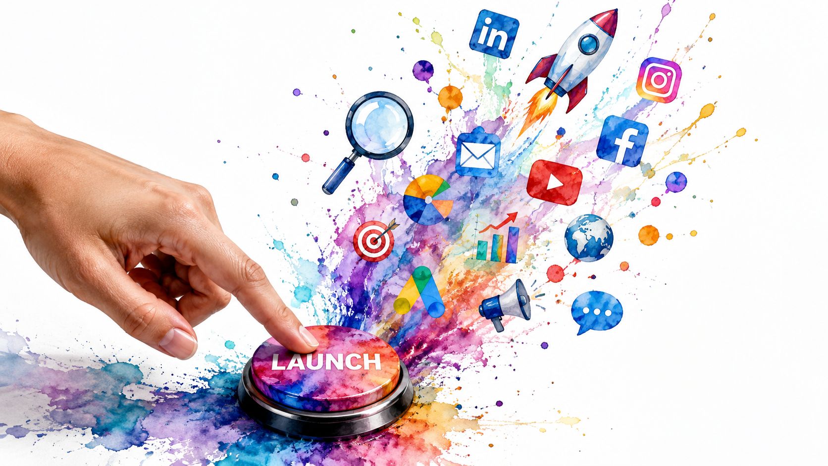 Eine Hand drückt einen Startknopf, von dem bunte digitale Symbole und Social-Media-Icons explodieren.