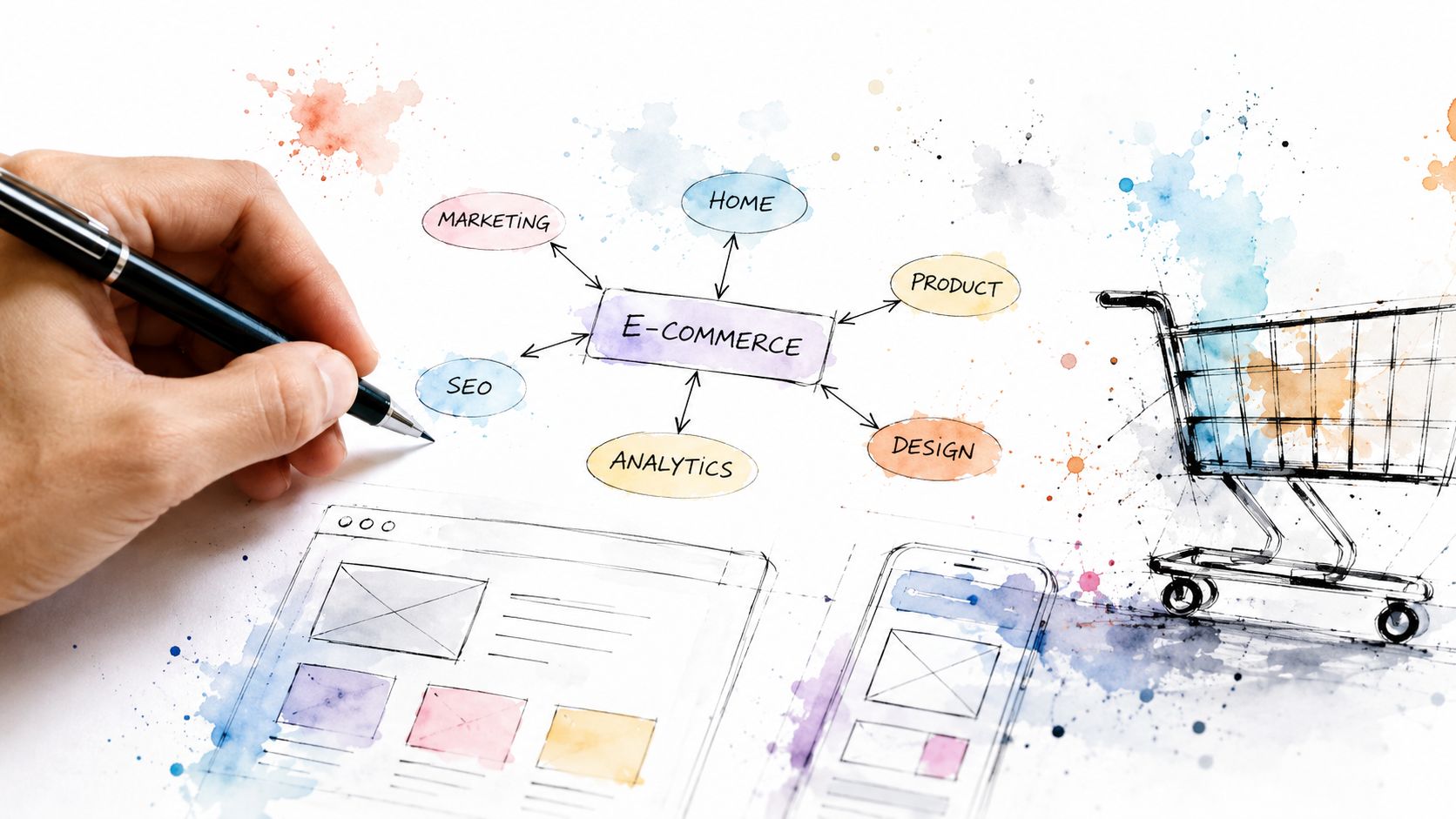 Eine Hand zeichnet ein E-Commerce-Mindmap-Diagramm mit verschiedenen Geschäftsbereichen und einem stilisierten Einkaufswagen auf Papier.