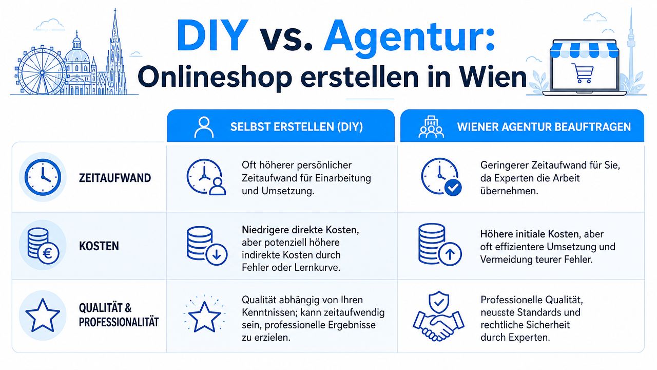 Eine Vergleichsgrafik zwischen der Erstellung eines Onlineshops in Eigenregie und der Beauftragung einer Wiener Agentur.