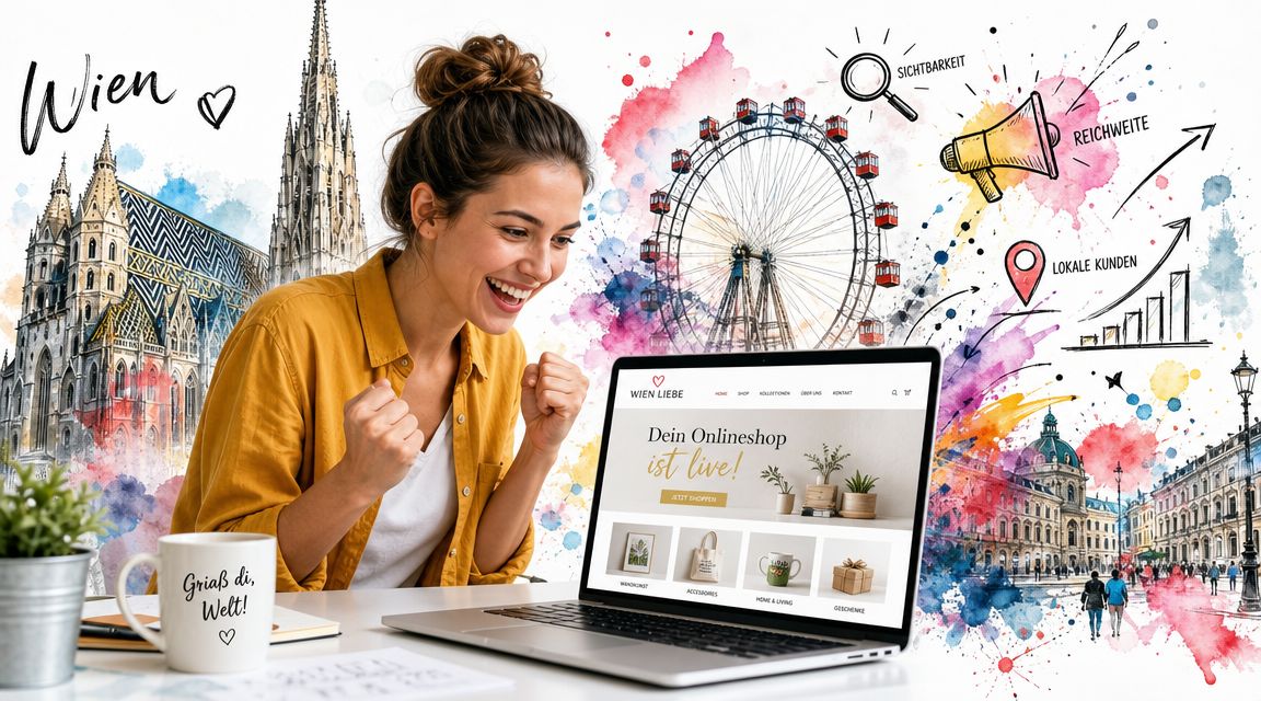 Eine begeisterte Unternehmerin feiert ihren neuen Onlineshop vor dem Hintergrund von Wiener Sehenswürdigkeiten wie dem Stephansdom.