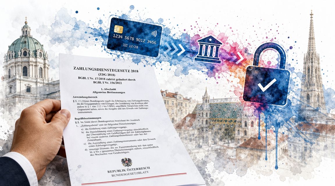 Ein Geschäftsmann hält ein österreichisches Zahlungsdienstegesetz in der Hand, neben Kreditkarte, Bankgebäude und Vorhängeschloss vor Wiener Stadtkulisse.