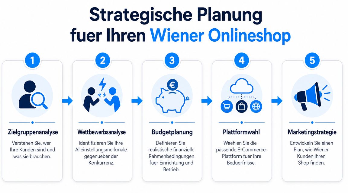Fünfschrittiger Plan zur strategischen Entwicklung eines erfolgreichen Onlineshops für Unternehmen in Wien.