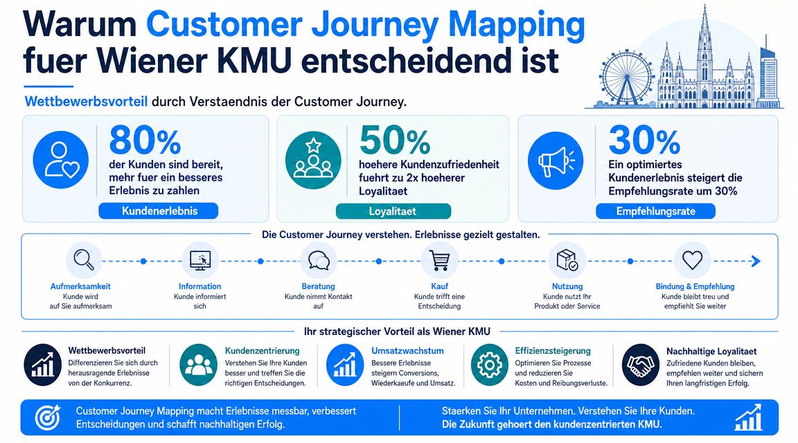 Infografik zeigt die Bedeutung von Customer Journey Mapping für den Wettbewerbsvorteil kleiner und mittlerer Unternehmen in Wien.