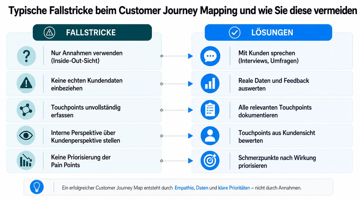 Eine Infografik über typische Fallstricke beim Customer Journey Mapping und die entsprechenden Lösungen für Unternehmen.
