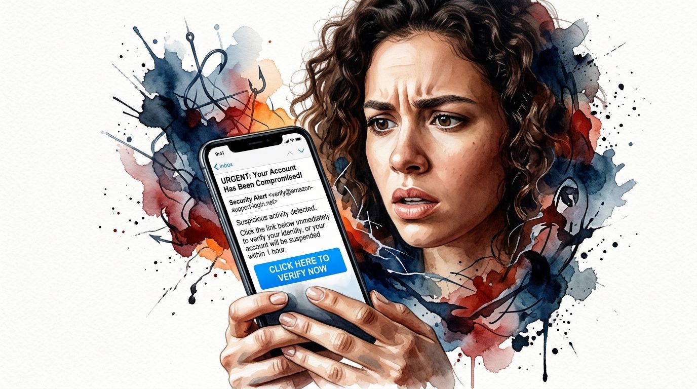 Eine besorgte Frau schaut auf ihr Smartphone, das eine gefälschte Phishing-Nachricht über ein kompromittiertes Konto anzeigt.