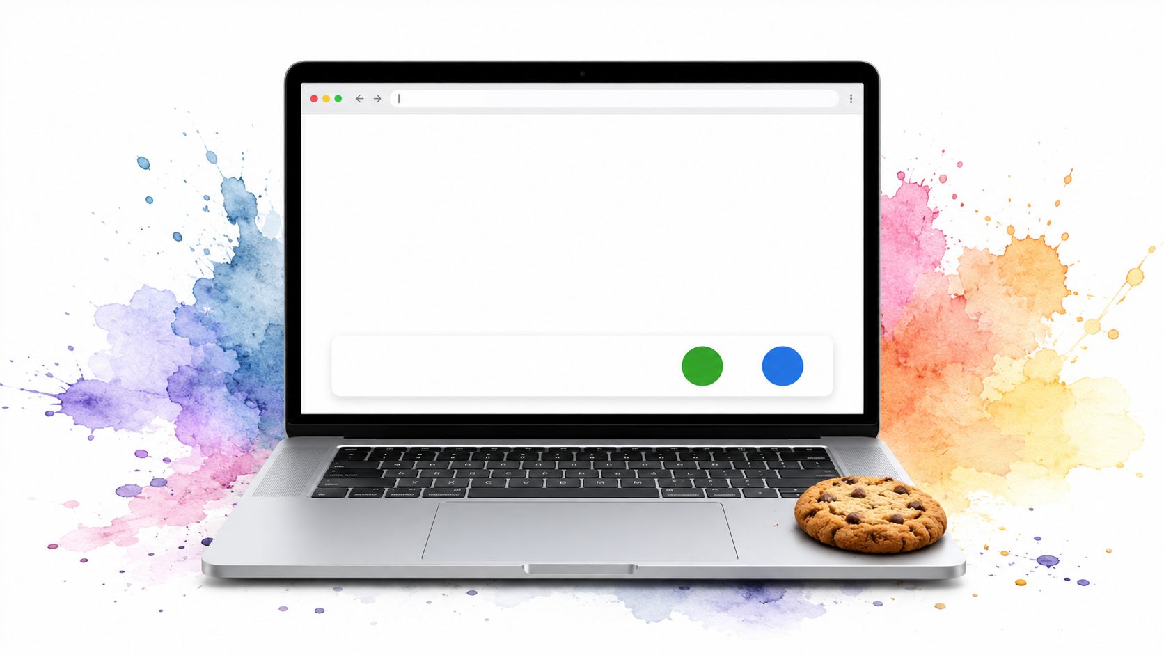 Ein offener Laptop mit einem Keks auf der Tastatur vor einem abstrakten Aquarellhintergrund zur Darstellung von Datenschutz.