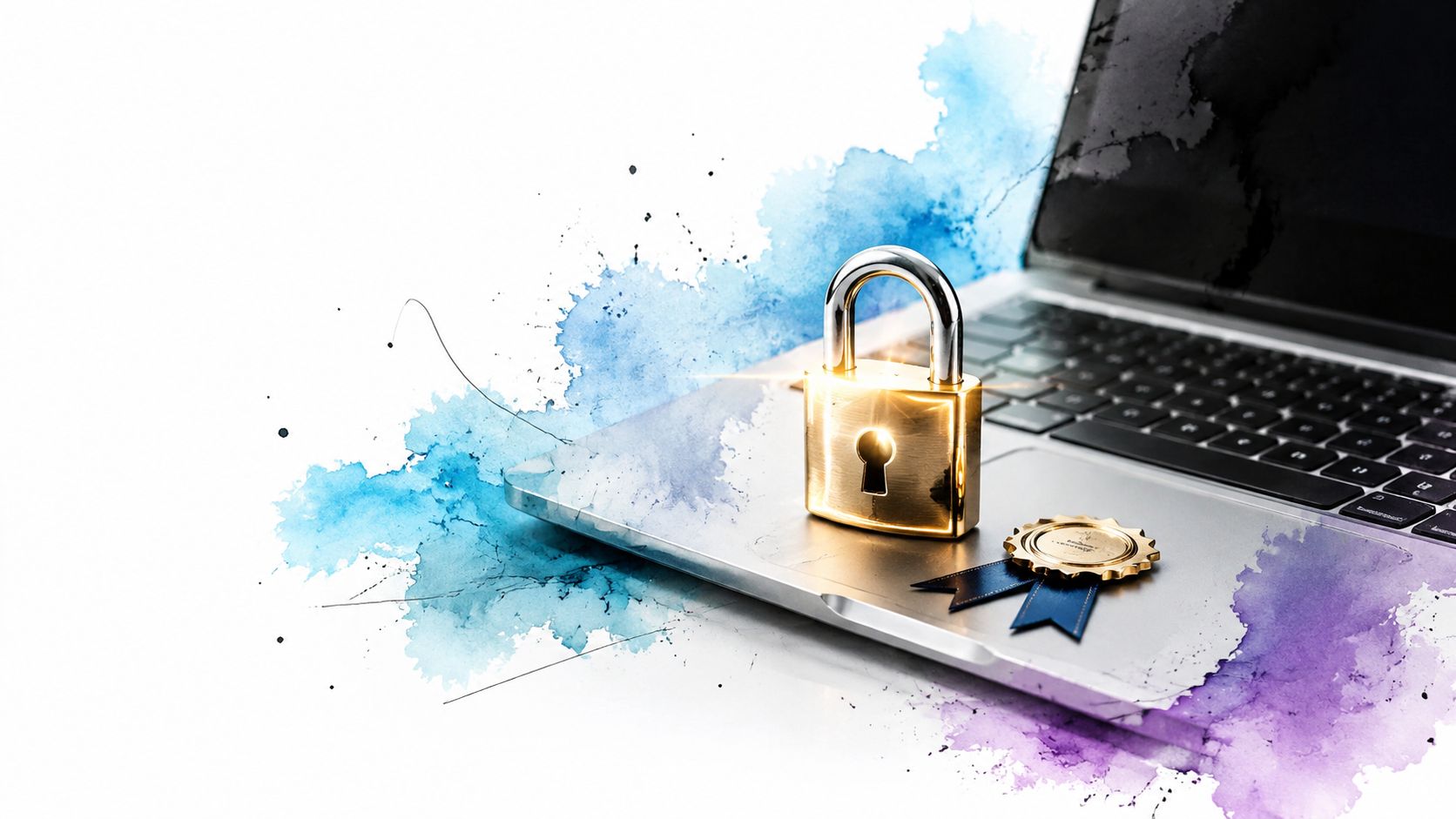 Ein Vorhängeschloss und ein goldenes Siegel auf einem Laptop, das Cybersicherheit und Datenschutz im Internet symbolisiert.