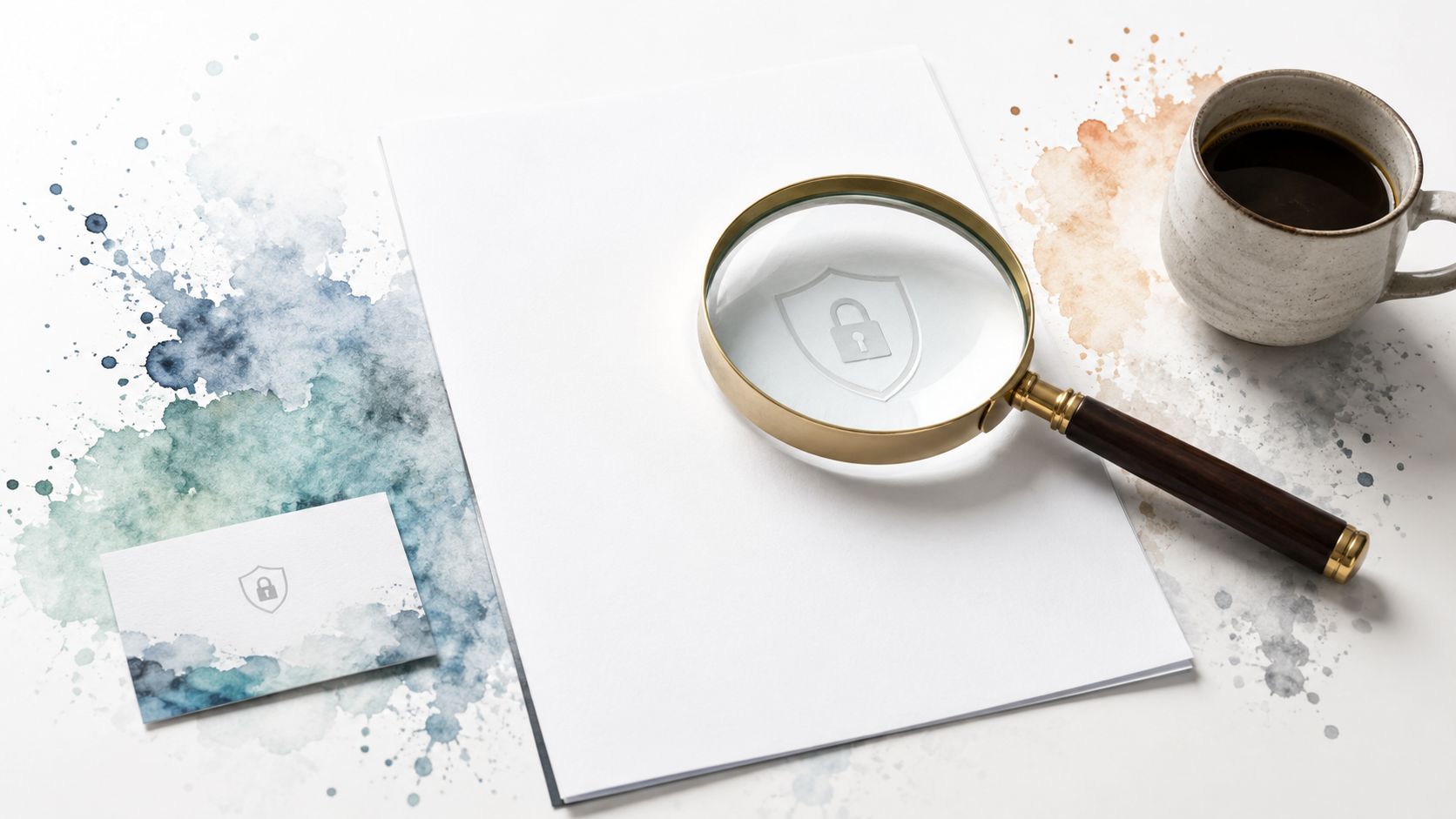 Eine Lupe liegt auf einem leeren Blatt Papier neben einer Visitenkarte vor einem abstrakten Aquarell-Hintergrund.